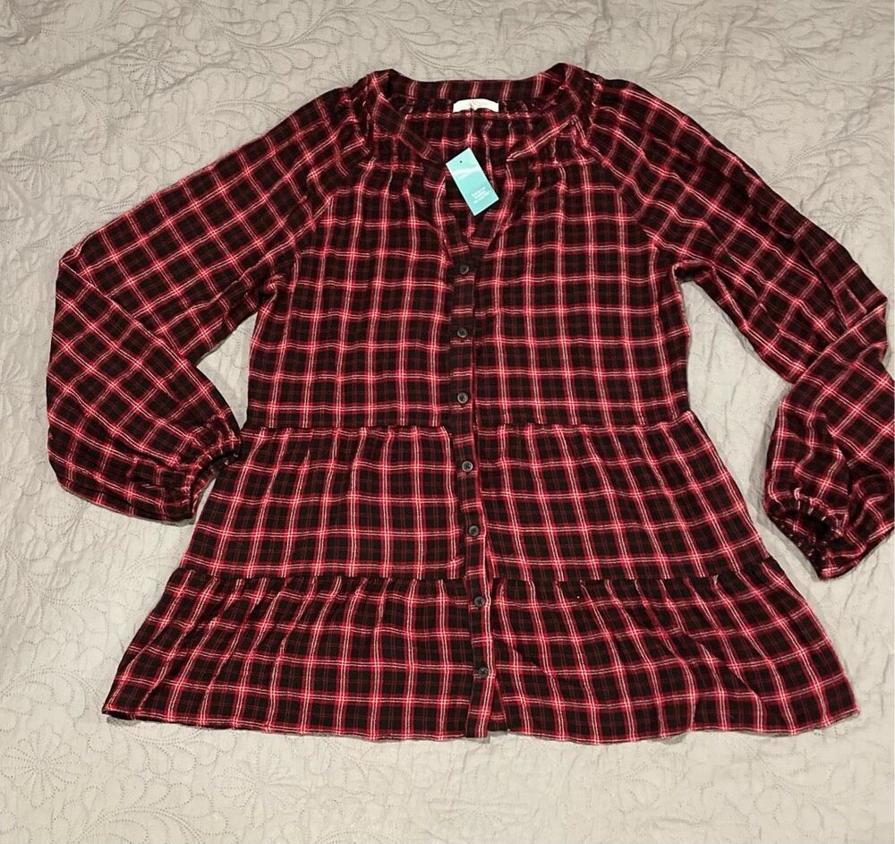 Maurices Women’s Medium Red Plaid Long Sleeve Tunic New